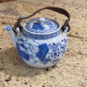 Chinese Asian Antique porcelain teapot with original leather strap handle